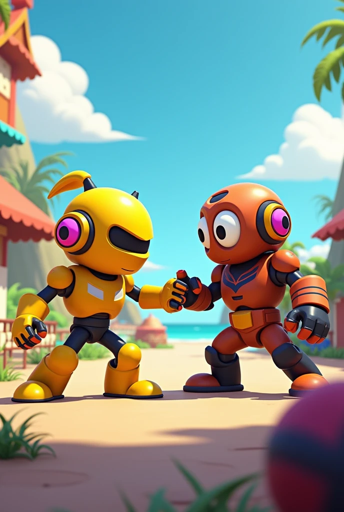 Bea with her yellow brawl stars skin and Dynamike with his brawl stars dynamites together in a brawl star park