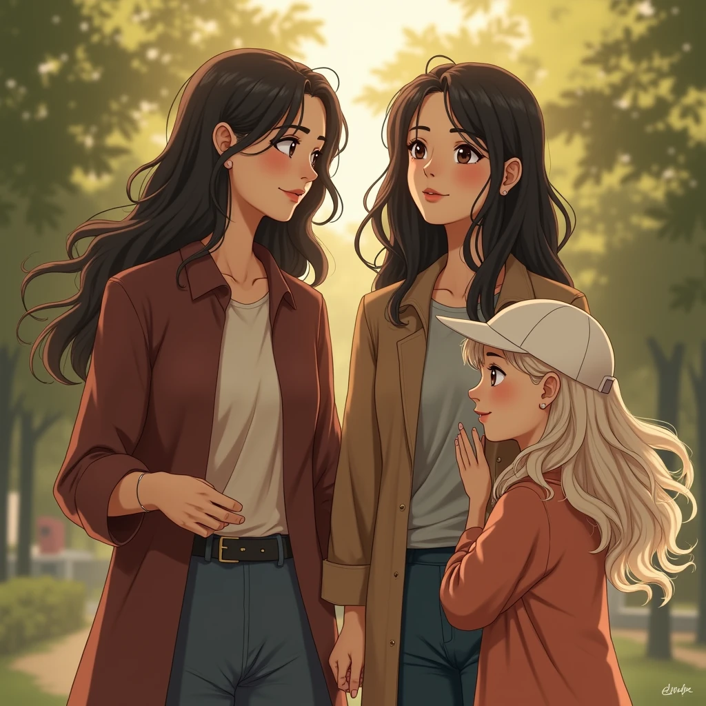 A picture of a mother with her two daughters, One is brunette with straight black hair and the other is white with brown wavy hair. The mother is a older and is watching her daughters take their own paths., The dark-haired daughter goes to a construction business and the white daughter, is moving towards the idea of graduating from high school