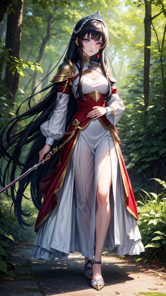 アニメ , an 18 year old princess, pretty, {face perfect}, {Bblack hair}, {blue colored eyes}, {asymmetrical eyes}, {perfect nose}, {red lips}, {full body 5.0}, {{{silver red armor, detailed}}}, {walking, in a forest} 

{8k image}, {128k ultra resolution}, {ultra quality 128k}, {128k high quality sharpness}
