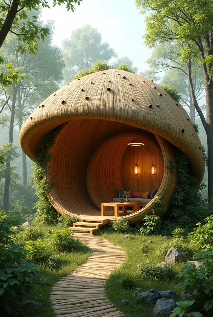A mushroom-shaped house made of bamboo and the body of the mushroom opens like a flower

