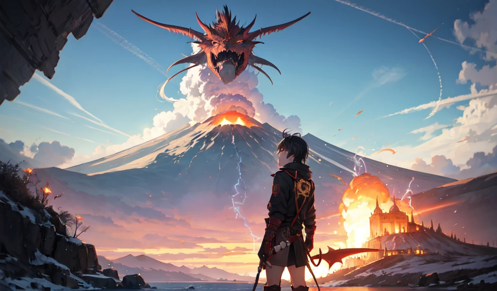 Goblin equipped with two electric daggers, he is looking at a powerful red dragon that is flying above a volcano.