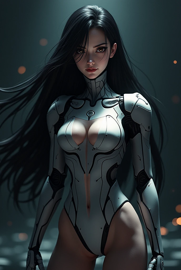 (Upper part of the body), (realist, [cheered up]), (3D:0.3), dramatic lighting, ((masterpiece)),(quality),(High resolution), void star high lady, [[covered abs]], ((x ray power armor|mono lined|white power armor) mechanical arms), long black hair trimmed, [evil smile], small breasts, Covered navel, eyeliner, eyelashes, perfect face, Beautiful nose, detailed student, pretty eyes, detailed eyes, Brown eyes, perfect lips, a pose on the monitor, simple background, [Boku no Hero Academia], (sets:1) ,  
