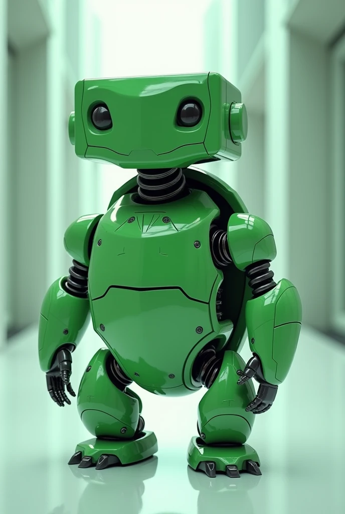 a green robot turtle that stands on two legs with a square head, a square stomach, and small hands and legs
