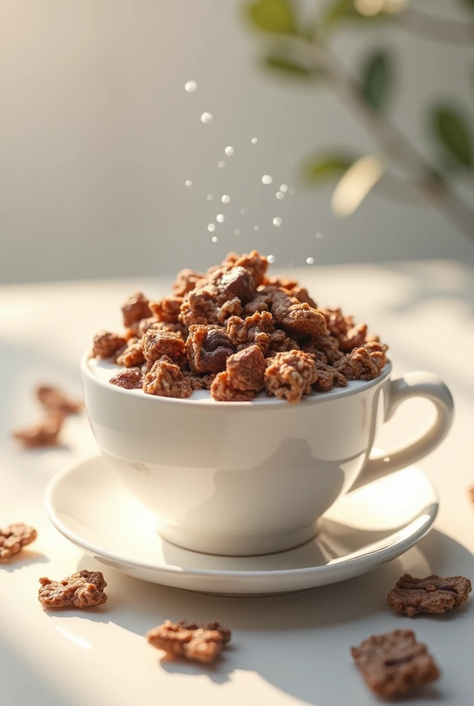 shows a cereal of Crunchy chocolate granola in a cup with milk:0.8