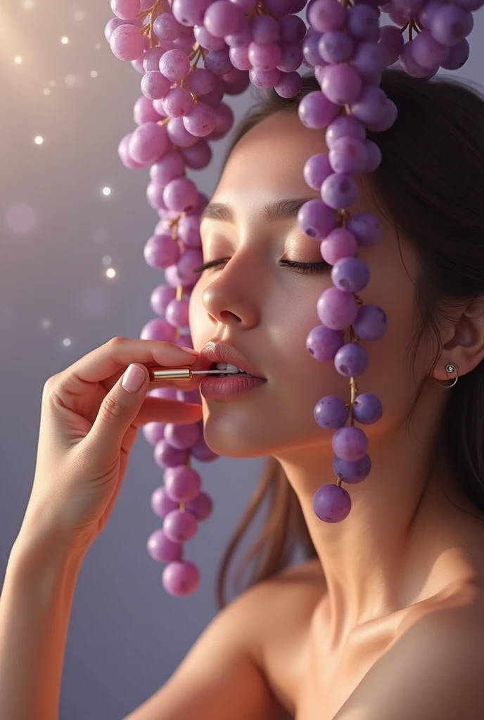 Imagine a calm woman, with eyes closed and mouth open and serene, while taking your liquid supplement dropper carefully. ao mesmo tempo, purple grapes fall gently on your face, creating a shower of refreshing fruits. The scene combines the calm of your beauty ritual with the playful touch of grapes, reflecting a sense of indulgence and relaxation.