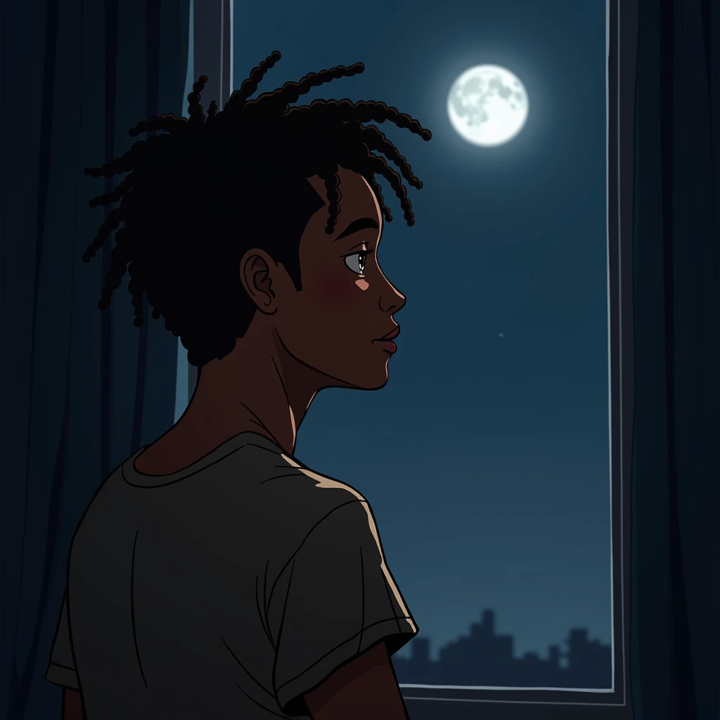 A young man with brown skin and twist locks style hair looking at the moon through the window from behind 