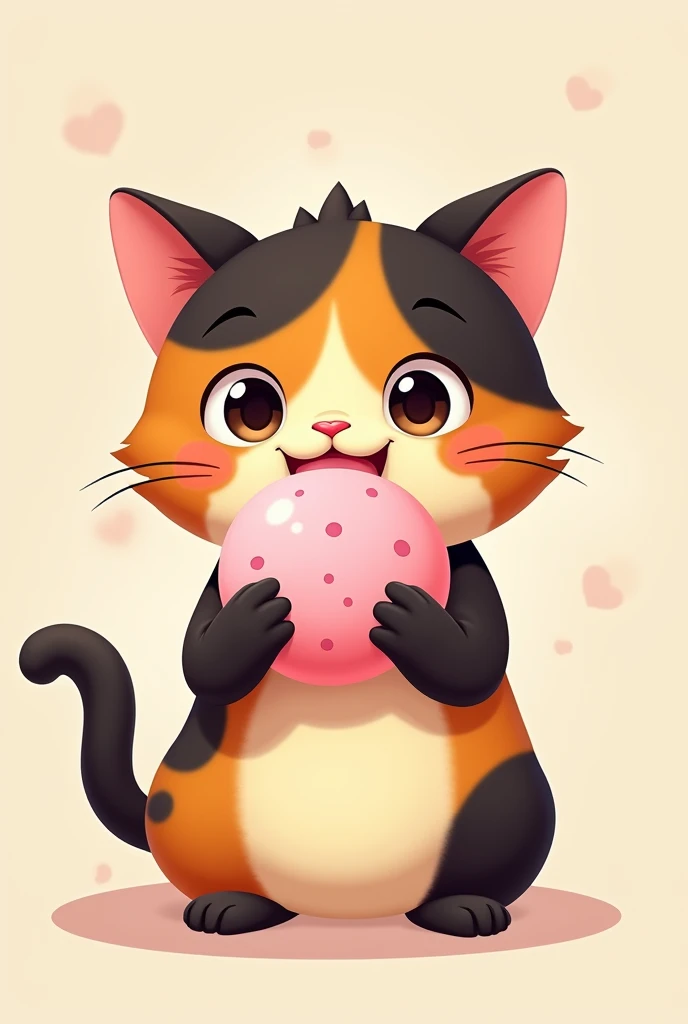 a cartoon tortoiseshell cat eating a pink mochi , bottomless something simple