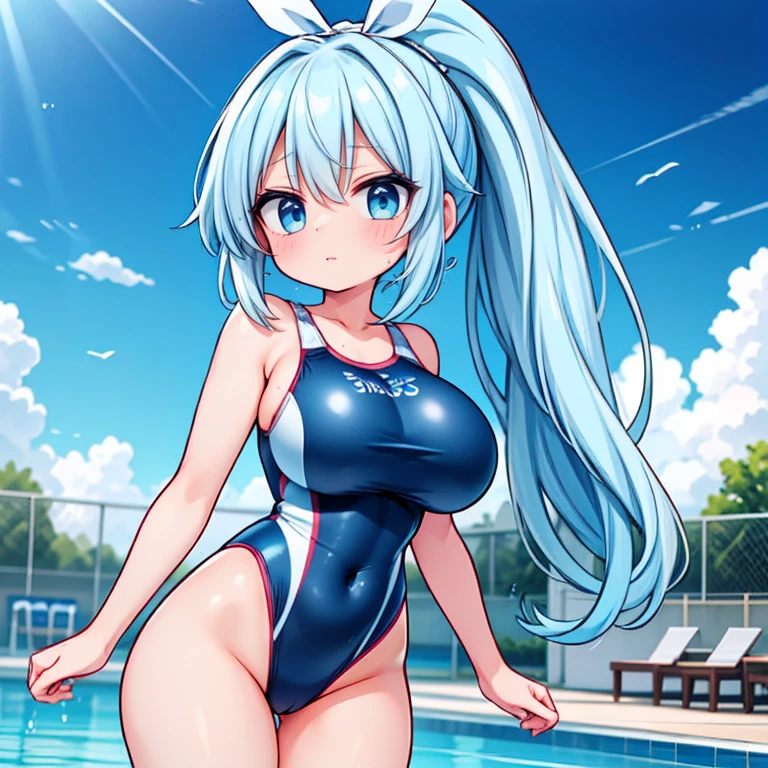 Anime Kawaii  Perfect Slim sensual body large  and huge thighs, An intricate and highly detailed illustration of anime (Young girl  (cute), ((sexly)), ((Very detailed)), 4K, (8k), Highest quality,Cowboy Shot,Sexy woman, One Woman,Very large breasts,((Light blue hair color)),((Blue eyes)),(High Ponytail),((Embarrassing)),(((High leg competitive swimsuit))),Ultra-glossy body,Poolside