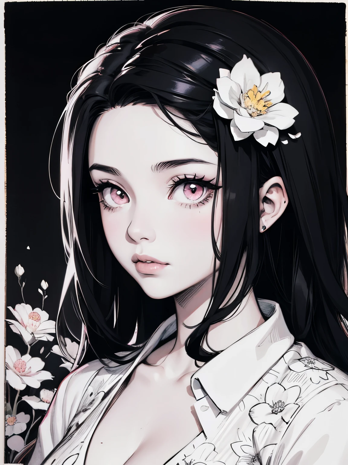 Black and white stick figure 1 girl with flowers, lots of flowers in background, in dress with flowers, its fine ink line art, comic style, portrait of Nezuko Komado, black hair, pink eyes, Hollywood glam, beautiful line art, black and white comic style, manga style, manga art style, illustrative drawing, black and white coloring, ornate border, cleavage,