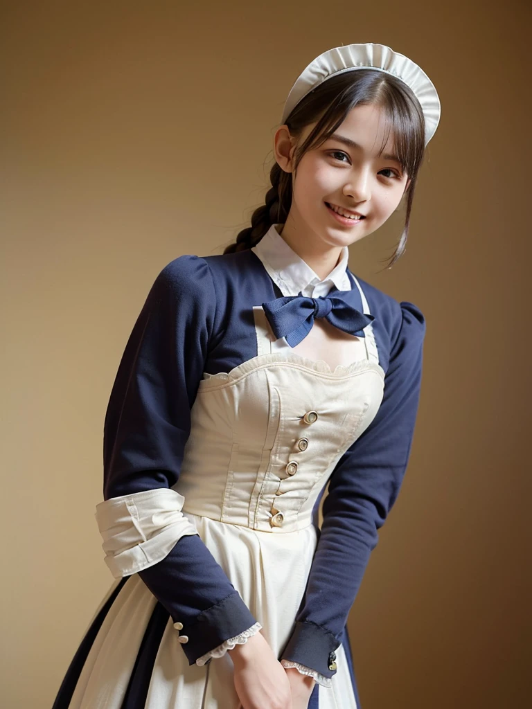 (Highest quality:1.5)、(masterpiece:1.5)、(8k:1.5)、((Primary school students:1.7))、(Flat Chest)、Erect nipples、(Victorian tight maid uniform:1.5)、Braid、Angle from below、smile、(The background is the hotel:1.7)、whole body、2 people