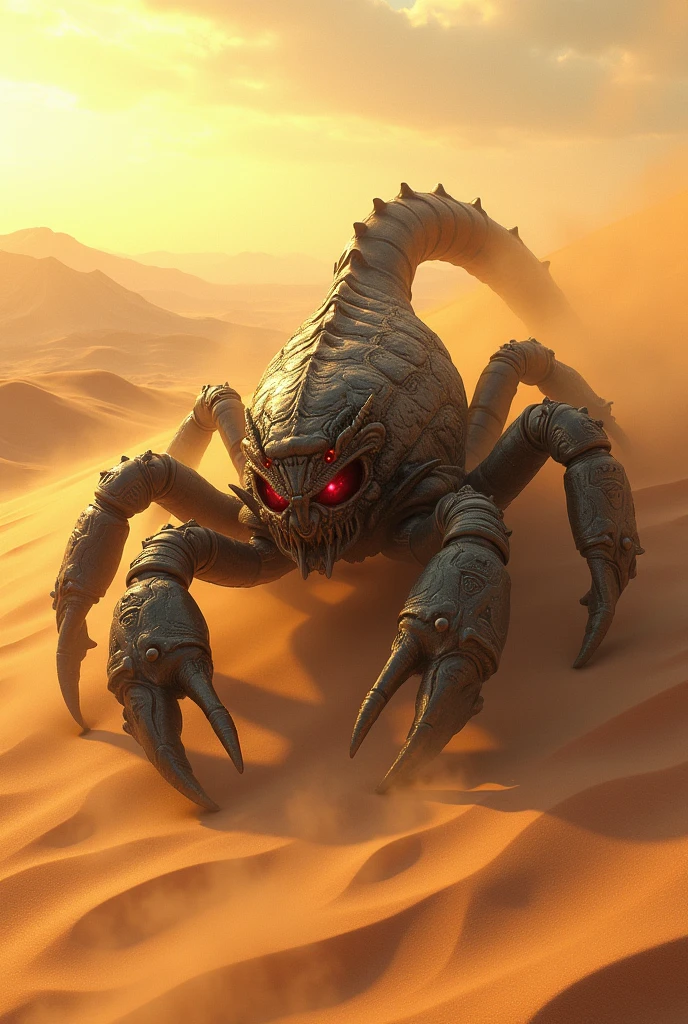 Scorpion attacking and a disaster with meteors in the background  