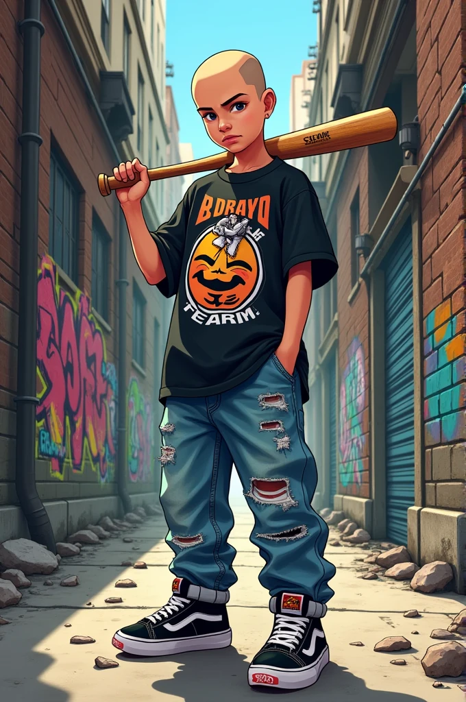 Make me a 14-year-old boy with hip-hop style clothes, who is bald and who is in an urbanized alley and who is with a bat on his shoulder holding it with his hand anime style.