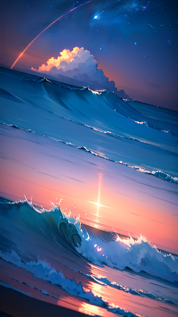 Viral anime nature wallpaper in 4K quality, in the style of photography with a 35mm lens inspired by Keiichi Hara, capturing a serene beach at twilight with gentle waves, a sky transitioning from orange to deep blue, and a silhouette of distant islands; warm and tranquil color temperature, cosmos lighting with stars twinkling in the sky, no human characters, the atmosphere is peaceful and reflective --v 5 --stylize 1000