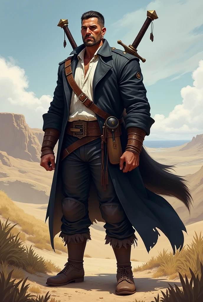 He is a tall indigenous man, 2 meters tall, with a square face and short dark hair and a beardless face with a smooth, clean-shaven face. His eyes are wolf-like and one of them is closed with pointy ears with earrings. He wears a dark black overcoat that is pulled up with the sleeves and a white shirt underneath and dark pants and has a strong physique with broad shoulders and chest and a large wolf tail. A large sword is strapped to his back. I would like the art in a fantasy RPG style. In the Old West