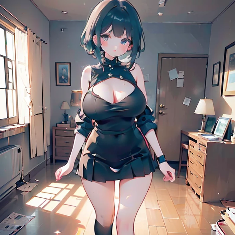 Anime Kawaii sexly Perfect Slim sensual body large breast and huge thighs, An intricate and highly detailed illustration of anime (Young girl ((highest quallity)), ((work of art)), (detailded), A person,age 25,(black knit sweater),(mini-skirt),bare one shoulder,breasts big,blush,below the bust,(Your cleavage is visible),(excited expression),(seduce),natta,hinterland,ruins,nattaのruins,Poor lighting,(in a dimly lit room),(in a messy room),Be careful when browsing,sexly,grimy,sweat,(Black knee-high socks),