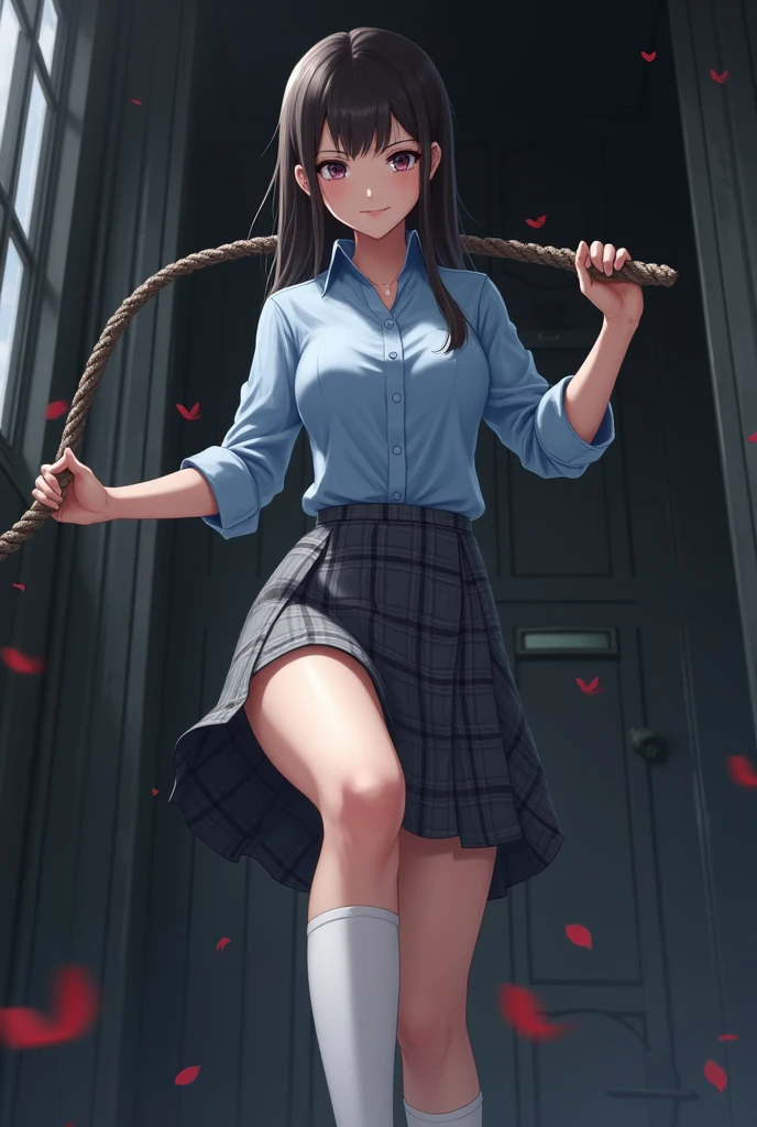 woman in school uniform, light blue button-down shirt and grey plaid skirt, white knee high socks.
She has her socked foot on you and is preparing a whip with a mocking face