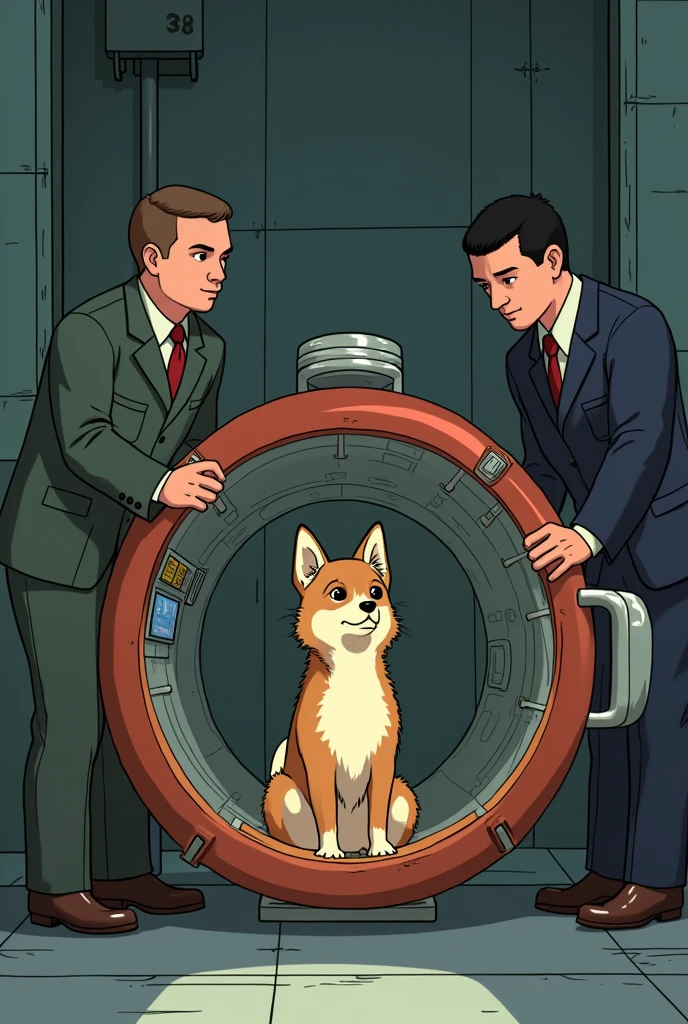 Create an animation set in the 50s where you see the dog Laika being put in the ship to launch her into space and there are 3 people around her