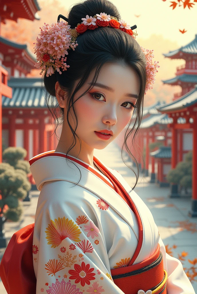 A beautiful young woman wearing brightly colored Japanese clothing、A charming expression、White Japanese clothing、background、Shrines and temples、Ukiyo-e style Japanese painting、The world created by CG、