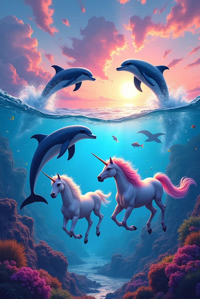AN EXTREMELY COLORFUL IMAGE SHOWING DOLPHINS JUMPING INTO THE WATER AND HAPPY UNICORNS with bright, vibrant and neon colors
