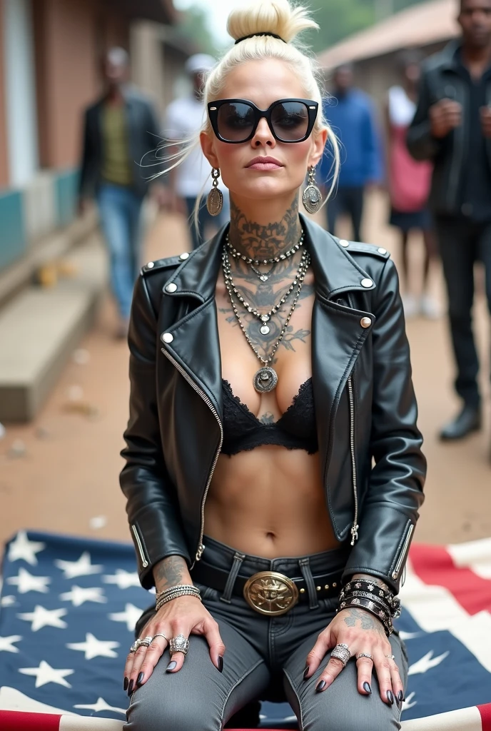 Anglosaxon old milf woman, , blonde platinum hair (beehive bun, black parsley headband), with very light green eyes, extremely pale. Wearing oversized square black maxisunglasses Wearing studded cropped black moto jacket (verical zippers on the sides). Black lace push up bra, dark grey skinny low rise jeans (worn knees and crotch). Silver Chelsea boots with cuban heels. Lots of thick wide studded bracelets, chain collars and big rings. Tacky wide studded leather belt, with big skull and bones round buckle. Long earrings with chains. Squatting on a large ragged usa flag, looking at the photographer. Craving heavily. Hands on knees. Waste and trash on the floor. Looking at the camera, chin up. Toned abdominals, thin neck, slim legs and thin arms. Neck, chest, belly, hands and arms completely tattoed. Street of Nairobi, crowded with standing people