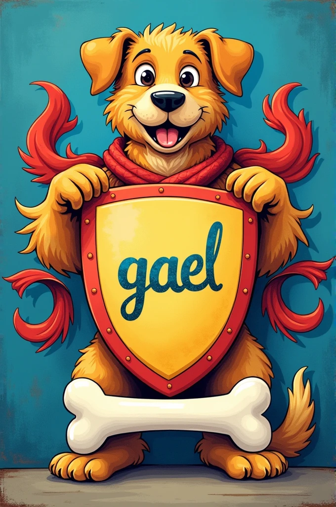 create an AI image of a coat of arms in royal blue, yellow and red, in the lower part of the coat of arms a dog bone and inside the bone the writing "GAEL" in watercolor tones in a children's vector design style, Cartoon