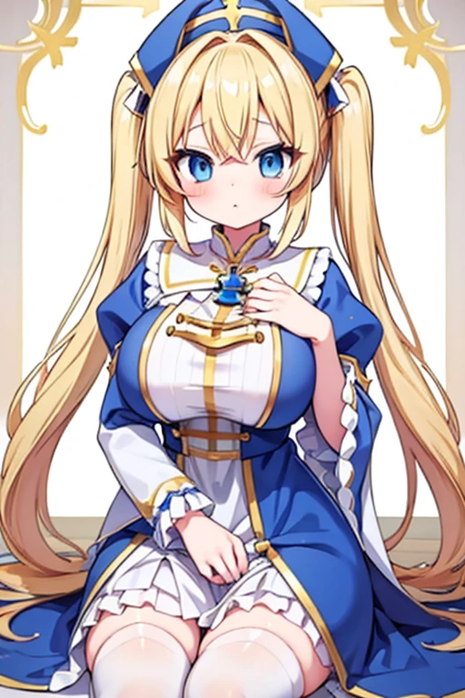 Blonde with blue eyes、Lolita、Large Breasts、Twin tails、Girl Brat,Large Breasts,Cute eyes,Puffy eyes,１Animal Pomeranian,Priestess Costume,