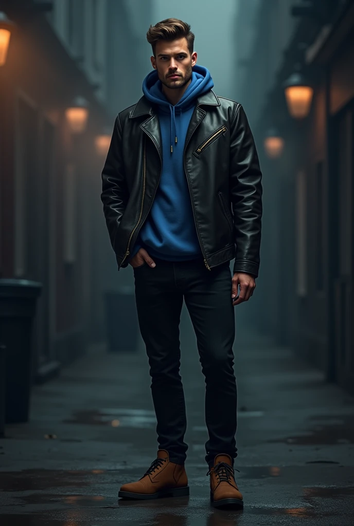 Man in black leather jacket, under blue hooded sweatshirt, black jeans and camel-colored shoes