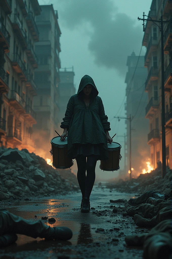 Street in a city destroyed by war, fire and smoke at night, bodies of dead soldiers lying on the ground, drummer playing in the background, kind of fat, hooded dress l, black leagwear