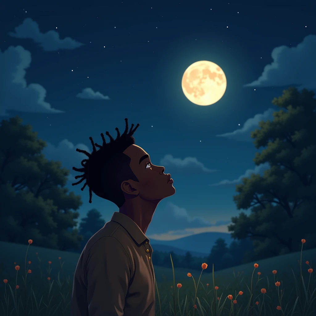 A young man with brown skin and twist locks style hair looking at the moon from behind 
