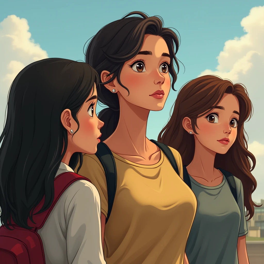 A picture of a mother with her two daughters. The daughters will take their own path. One is brunette with straight black hair and the other is white with brown wavy hair. The mother is a older and is watching her daughters take their own paths., The dark-haired daughter goes to a construction business and the white daughter, is moving towards the idea of graduating from high school