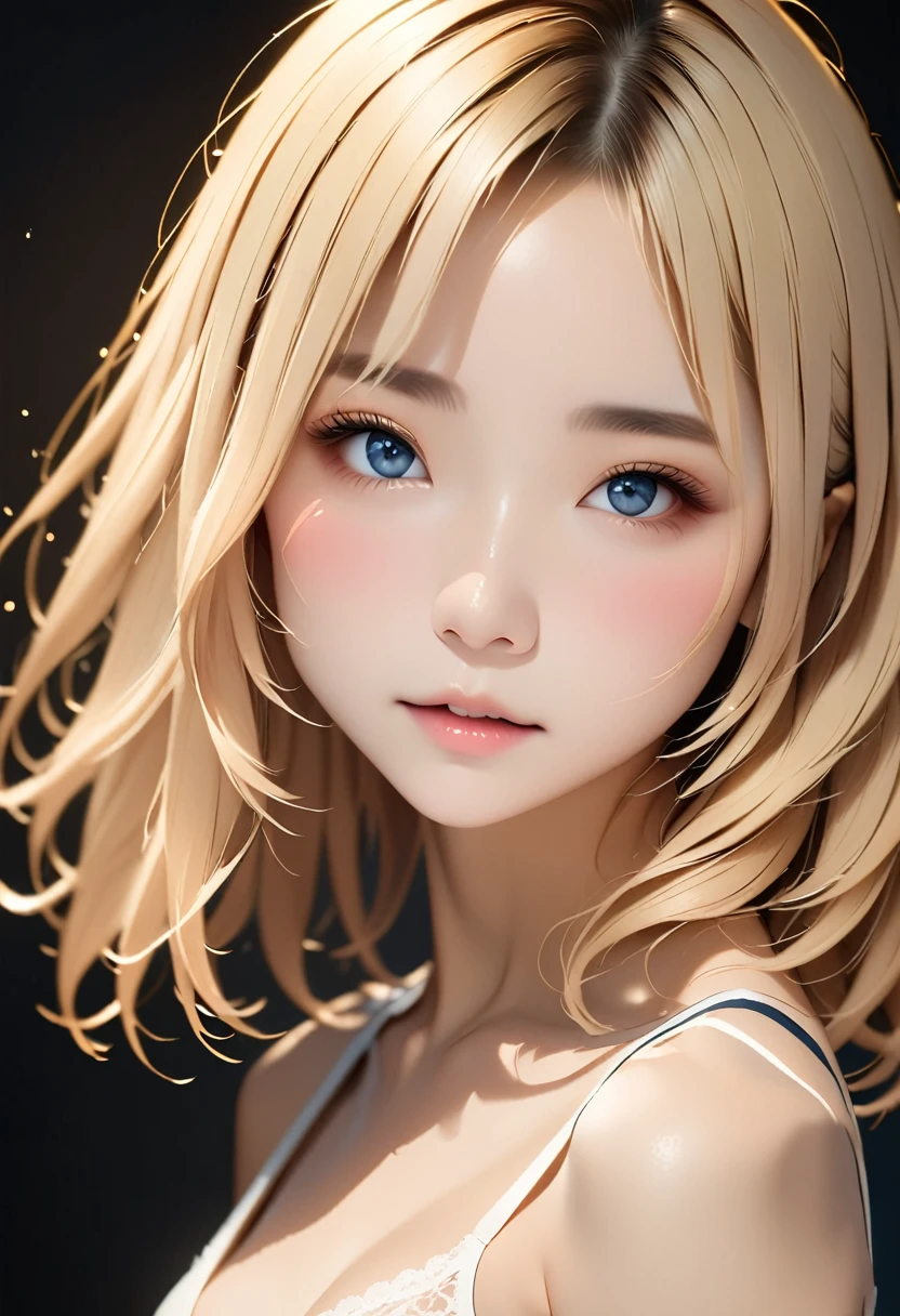 1 person,Beautifully detailed face:1.3、Face close-up:1.6、The whole face fits in the frame:1.6、((She wears a big red bow in her hair like a French doll......:1.6))、 (((Small breasts:1.7)))、(A sheer camisole with a loose fit around the chest:1.7), ((I&#39;looking forward to it:1.6))、Pink Eyeshadow:1.6、((Looking into the camera:1.3))、Very beautiful Japanese idol portraits, 
(RAW Photos, Highest quality), (Realistic, Realistic:1.4), (masterpiece), 
Very delicate and beautiful, Very detailed, 2k wallpaper, wonderful, finely, Very detailed CG Unity 8K 壁紙, Very detailed, High resolution, Soft Light, 
Beautiful detailed, Very detailed目と顔, Beautiful and sophisticated nose, Big beautiful eyes, Cinema Lighting, 
(Simple and solid background:1.3),
(Blonde medium hair:1.5), (Parted bangs), 
Complete ???????, Slender body,とてもSmall breasts, Sensual look