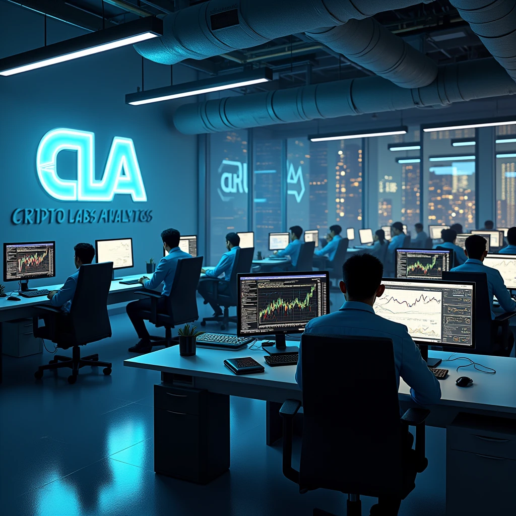 "Create a background of an office where employees sit and analyze cryptocurrency charts on computers, On the walls there is the company logo, 3 large letters CLA and a clearly legible inscription Cripto labs analytics»
