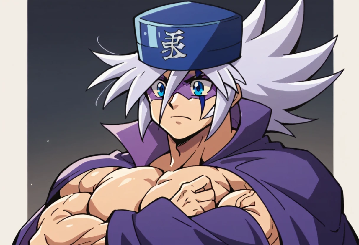 Highest quality,Masterpiece,Pro Art,8k,Based on anatomy,silk hat,Light purple hair,Eye mask,Purple Cape,Japan animated style,kait8uj8ker, white hair, spiked hair, Blue eyes,Huge muscles,I eat breakfast