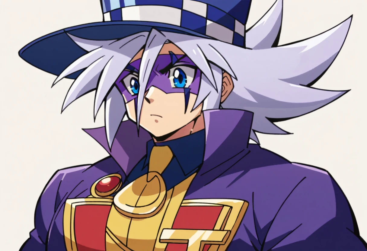 Highest quality,Masterpiece,Pro Art,8k,Based on anatomy,silk hat,Light purple hair,Eye mask,Purple Cape,Japan animated style,kait8uj8ker, white hair, spiked hair, Blue eyes,Huge muscles,I eat breakfast