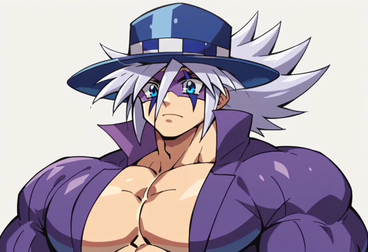 Highest quality,Masterpiece,Pro Art,8k,Based on anatomy,silk hat,Light purple hair,Eye mask,Purple Cape,Japan animated style,kait8uj8ker, white hair, spiked hair, Blue eyes,Huge muscles,I eat breakfast