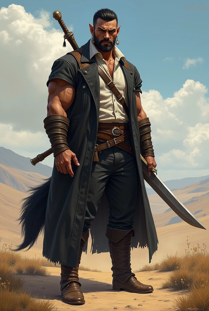 He is a tall indigenous man, 2 meters tall, with a square face and short dark hair and a beardless face with a smooth, clean-shaven face. His eyes are wolf-like and one of them is closed with pointy ears with earrings. He wears a dark black overcoat that is pulled up with the sleeves and a white shirt underneath and dark pants and has a strong physique with broad shoulders and chest and a large wolf tail. A large sword is strapped to his back. I would like the art in a fantasy RPG style. In the Old West
