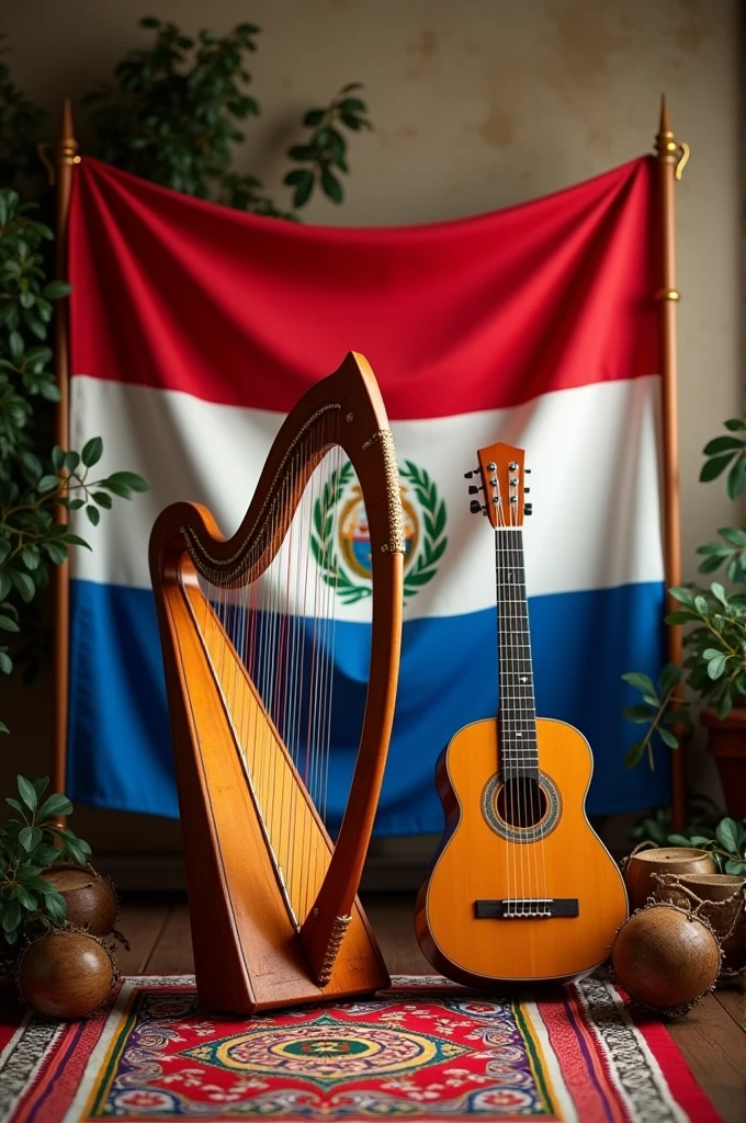 Happy folklore day with a red, white and blue flag in a horizontal shape and a Paraguayan harp with a percussion guitar as a nostalgic and ancestral scene 