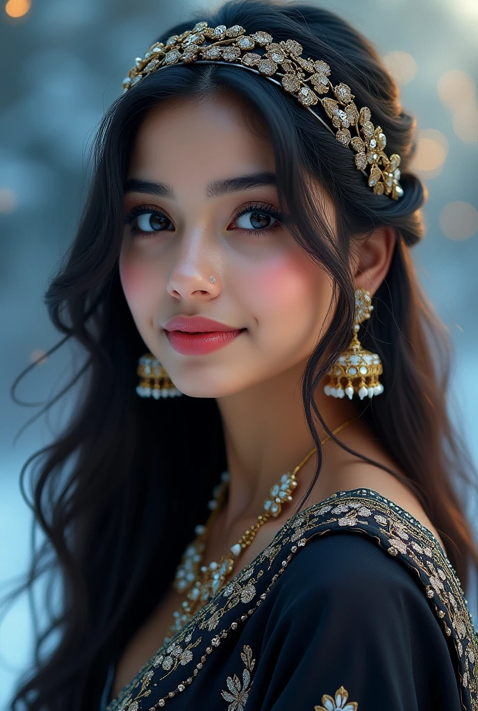 A stunning close-up of a young woman with long, flowing dark hair, styled with a sleek headband adorned with delicate floral patterns. She has a soft, fair complexion and captivating large eyes, accentuated with dark eyeliner and subtle eye shadow. Her expression is confident and alluring, with slightly parted lips that reveal a hint of a smile. She wears a traditional Indian black blouse with sequined embellishments and a deep neckline, revealing her midriff. The blouse is paired with a matching sari or dupatta draped over her shoulder. She accessorizes with elegant jhumka earrings and a choker necklace, both of which have intricate floral designs. The background is softly blurred, with cool blue tones that suggest an outdoor, possibly wintry, setting with soft, glowing light filtering through.