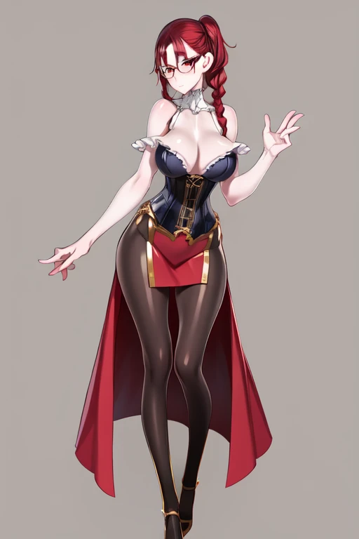full body, solo, 1girl, skeptical, looking at viewer, redhead,glasses, short dress,corset, pantyhose,red eyes, long hair, braided side ponytail, mature female, (masterpiece), detailed hands, detailed eyes, beautiful face, beautiful eyes