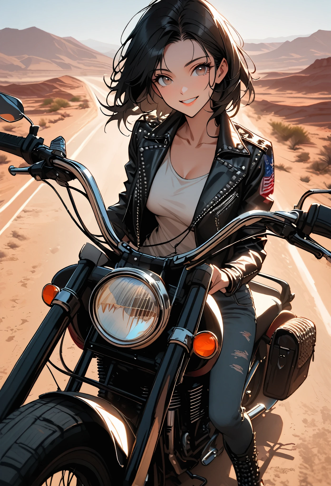 close up, female, solo, short messy black hair, aviator sunglasses, studded black leather jacket, worn jeans, leather boots, chopper bike, American desert road landscape with old dinner, sunny, bike gang, large breasts, tall, road, broad shoulders, confident smile,