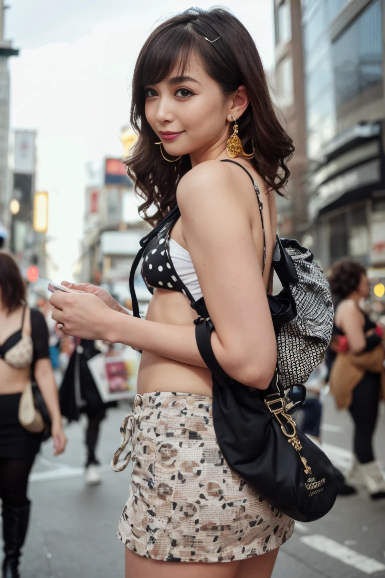 high resolution、high quality、High resolution、masterpiece、detailed、looking at the camera、Japanese、Beautiful 21 year old woman、Cute smile、(light brown long curly hair:1.3)、(Skinny body:1.2)、(Wearing a black polka dot micro bikini:1.5)、(Micro Mini Skirt:1.5)、(Shoulder bag and shopping bag on shoulder:1.5)、(Wearing cute hair ornaments, earrings, necklaces, belts, and knee-high boots:1.3)、(In the heart of Shibuya's bustling district:1.5)、(There are lots of beautiful women:1.3)