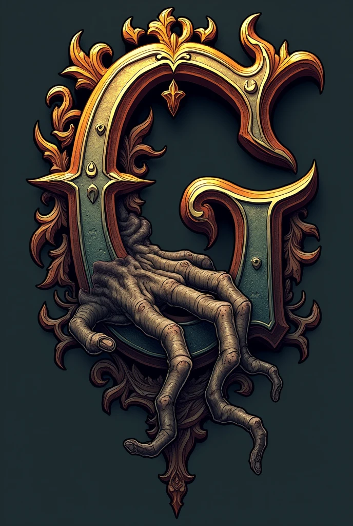 create a logo tattoo studio with the gothic font of the letter G with arebesques and a zombie hand
