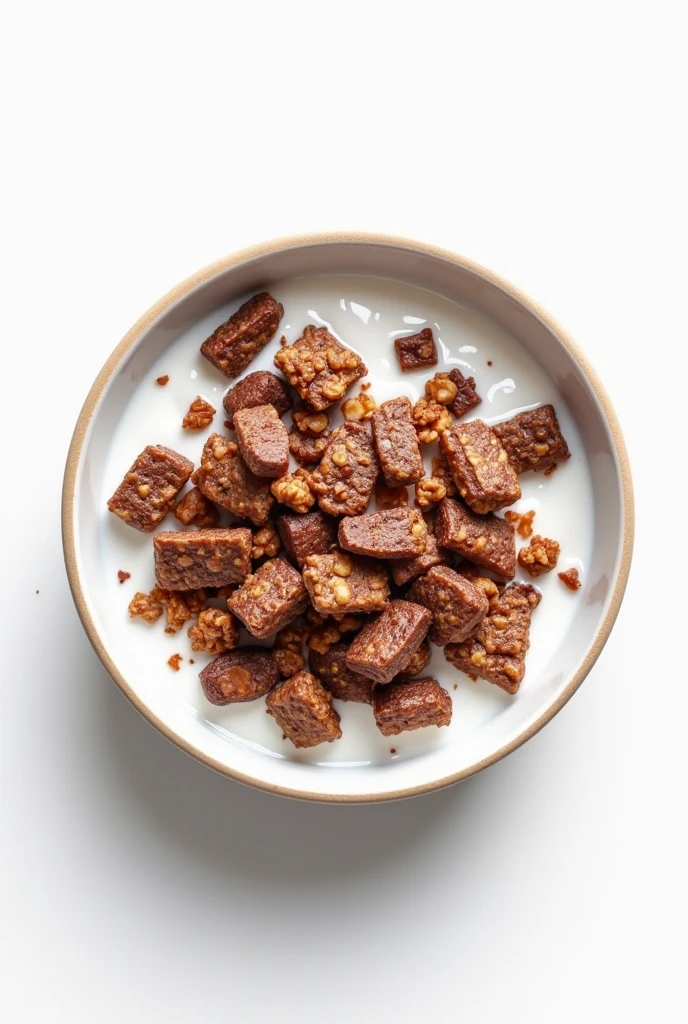 shows a cereal of Crunchy chocolate granola in a deep plate with milk with a white background:0.8
