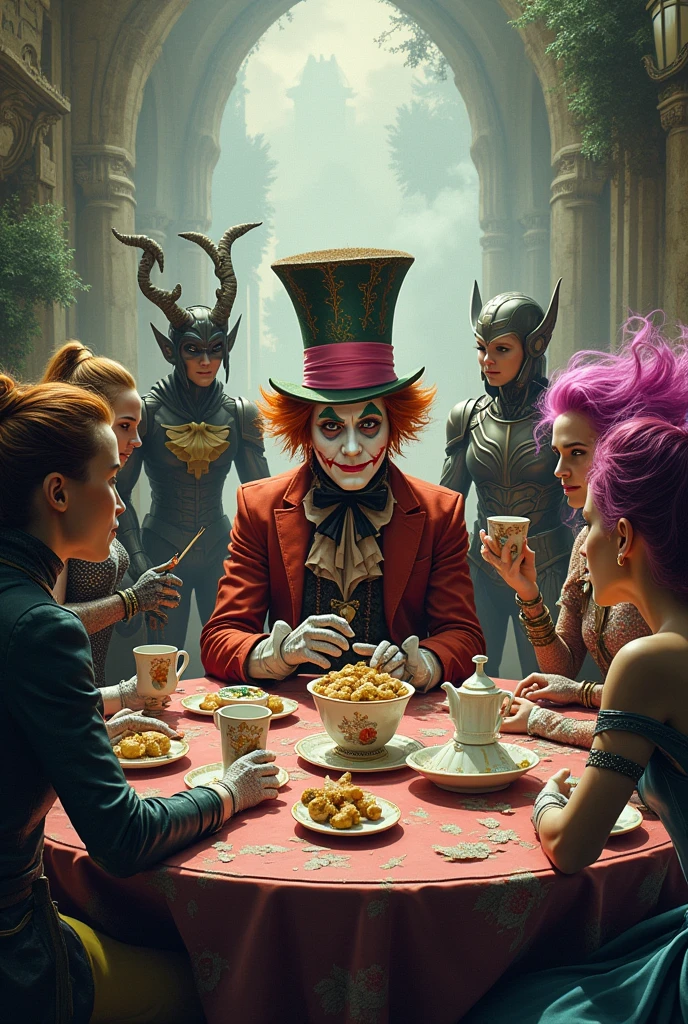 Make the Mad Hatter's table with him at the end and in the middle of the image and the rest of the characters Cyborg Joker Echo (Maya Lopez)
Jason Grace
Leo Valdez
Loki
Nico di Angelo
Piper McLean
Professor Xavier
Reyna Avila
Toph
Thor