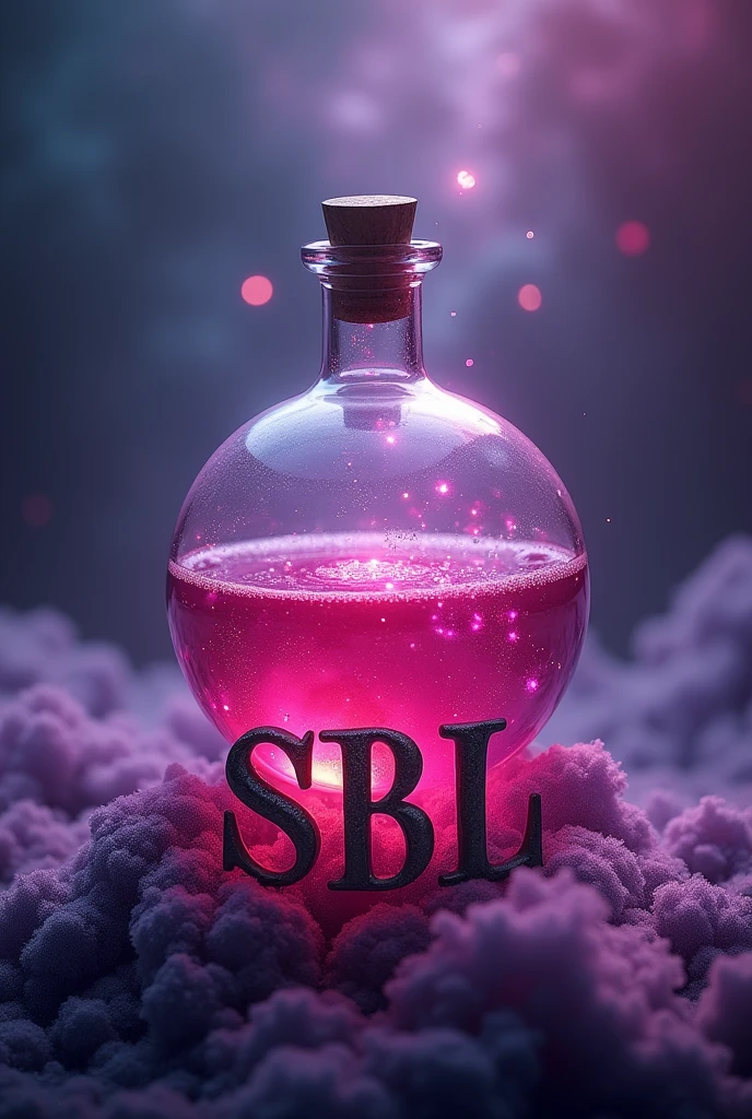 A potion with pink liquid, with universe background with purple and dark blue gradient, with 3 large letters in CAPSLOCK medieval font written SBL under the potion and put some details