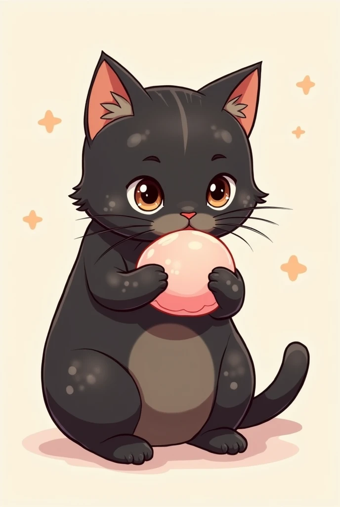 a tortoiseshell cat that has only slight light spots, a cute cartoon model, eating a pink mochi that looks Japanese , bottomless something simple