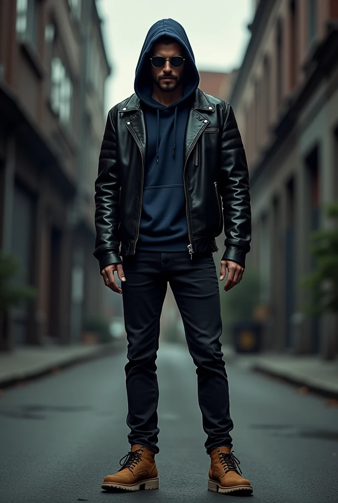 Man in black leather jacket, Under a navy blue hooded sweatshirt, black jeans and camel-colored shoes