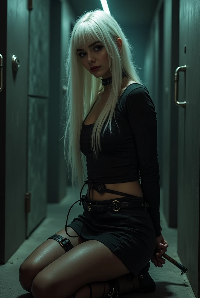 check_9, check_8_up, check_7_up, check_6_up, check_5_up, check_4_up, photo realistic, Polaroid, 1 woman, get down on your knees, White hair, straight hair, Very long hair, playful look, WW chain, shackles, Came down with a weapon, doors, clean hair, black top, long sleeves, Short skirt, Short, black nylon thigh-high stockings, dungeon, night, Best quality, better resolution, 4k uhd, it sits on my lap, Leather dog collar with leash, lean girl, thin legs, long eyelashes, mascara, pomade, leather wrist cuffs with a chain, Shackled Hands, hands together, leather handcuffs on belts shackled the ankles of the legs, bent over, doggystyle, top down bottom up, arms behind back