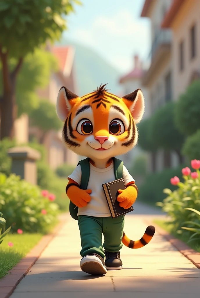 Baby tiger walking to school with book, long green pants, black shoes, White T-shirt
