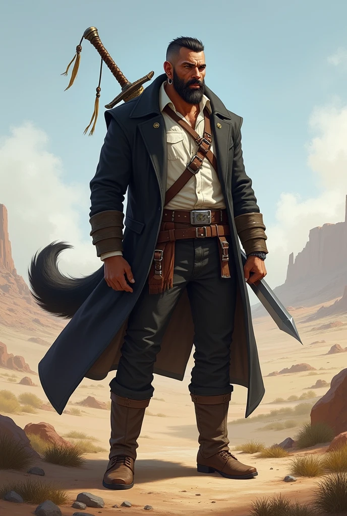 He is a tall indigenous man, 2 meters tall, with a square face and short dark hair and a beardless face with a smooth, clean-shaven face. His eyes are wolf-like and one of them is closed with pointy ears with earrings. He wears a dark black overcoat that is pulled up with the sleeves and a white shirt underneath and dark pants and has a strong physique with broad shoulders and chest and a large wolf tail. A large sword is strapped to his back. I would like the art in a fantasy RPG style. In the Old West